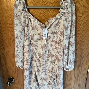 Cream Long Sleeve Tie Front Sundress for Wedding Guest